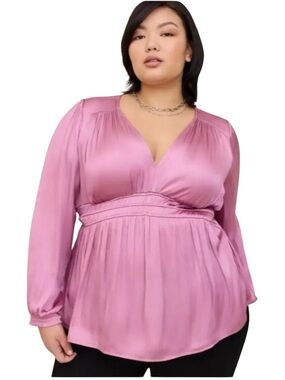 Torrid Peplum Satin Smocked Waist Top Pink 3
